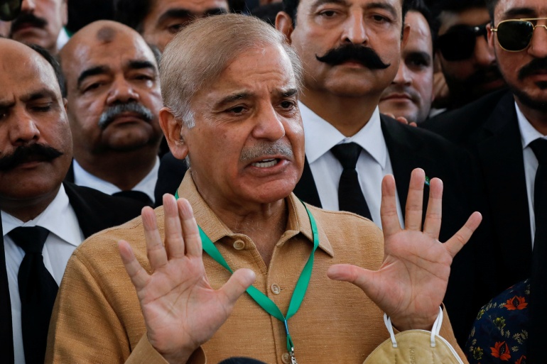rts6vhmj-1-1 Leader of the opposition Shehbaz Sharif speaks to the media at the Supreme Court of Pakistan in Islamabad