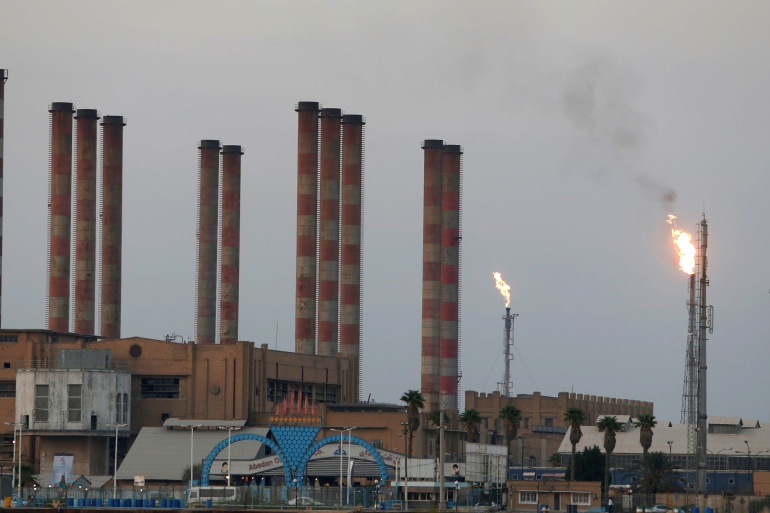 A general view of Abadan oil refinery in southwest Iran, is pictured from Iraqi side of Shatt al-Arab in Al-Faw south of Basra