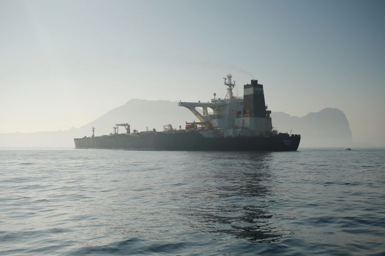 Iranian oil tanker Grace 1 sits anchored awaiting a court ruling on whether it can be freed after it was seized in July by British Royal Marines off the coast of the British Mediterranean territory, in the Strait of Gibraltar, southern Spain, August 15, 2019. REUTERS/Jon Nazca
