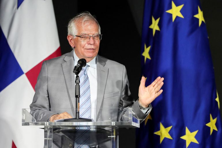 European Union for Foreign Affairs and Security Policy Josep Borrell speaks to the media during a news conference in Panama City