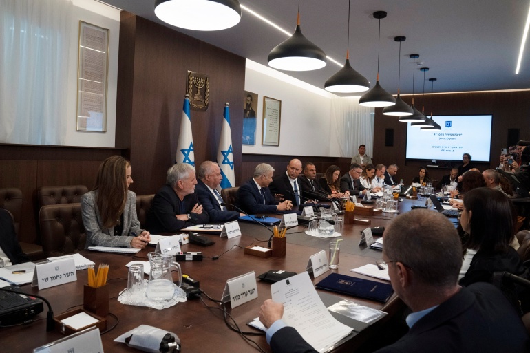 rts8mdeg Israeli Prime Minister Naftali Bennett holds the weekly cabinet meeting, in Jerusalem
