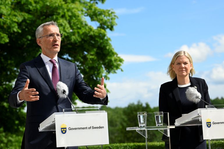 rts8nms0-1 NATO Secretary General Stoltenberg and Swedish Prime Minister Andersson meet in Harpsund
