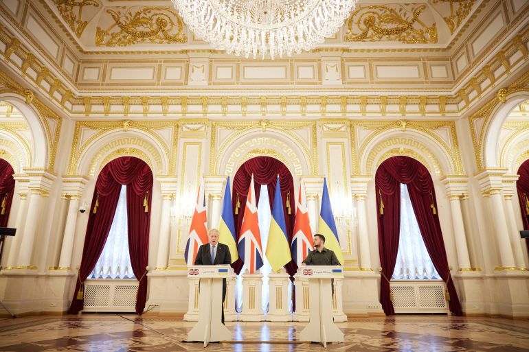 British PM Johnson and Ukraine's President Zelenskiy attend a news briefing in Kyiv